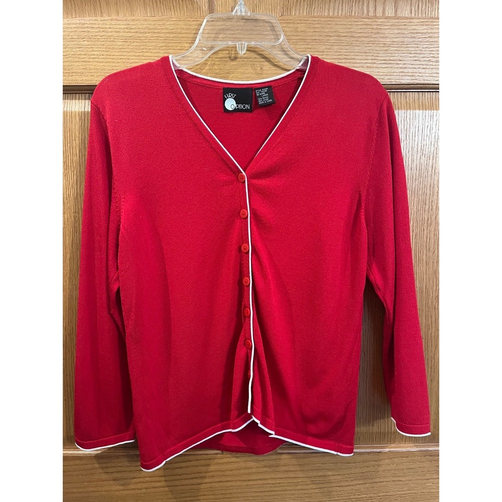 First Option Red Button Cardigan Sweater Knit Lightweight Long Sleeve Women's L